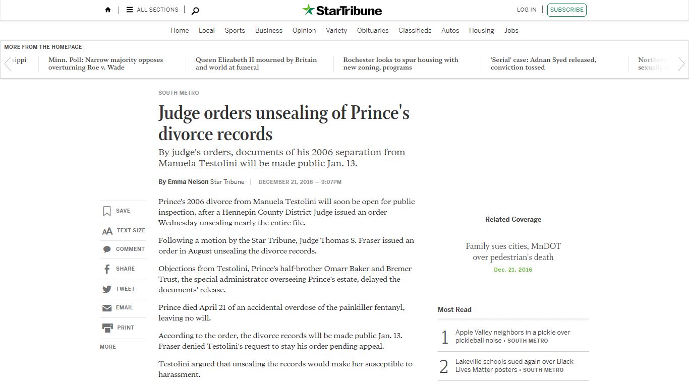 Judge orders unsealing of Prince's divorce records